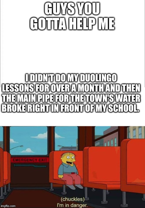 GUYS YOU GOTTA HELP ME; I DIDN'T DO MY DUOLINGO LESSONS FOR OVER A MONTH AND THEN THE MAIN PIPE FOR THE TOWN'S WATER BROKE RIGHT IN FRONT OF MY SCHOOL. | image tagged in white background,i'm in danger  blank place above | made w/ Imgflip meme maker