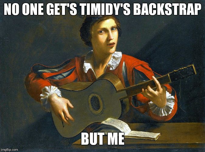 Indignant Baroque Guitarist | NO ONE GET'S TIMIDY'S BACKSTRAP BUT ME | image tagged in indignant baroque guitarist | made w/ Imgflip meme maker