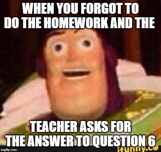 Funny Buzz Lightyear | WHEN YOU FORGOT TO DO THE HOMEWORK AND THE; TEACHER ASKS FOR THE ANSWER TO QUESTION 6 | image tagged in funny buzz lightyear | made w/ Imgflip meme maker