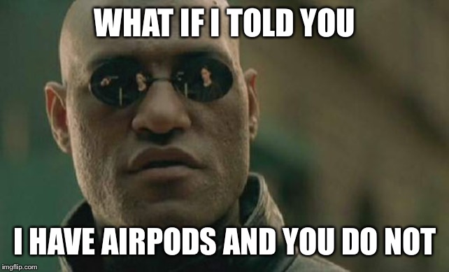 Matrix Morpheus Meme | WHAT IF I TOLD YOU; I HAVE AIRPODS AND YOU DO NOT | image tagged in memes,matrix morpheus | made w/ Imgflip meme maker
