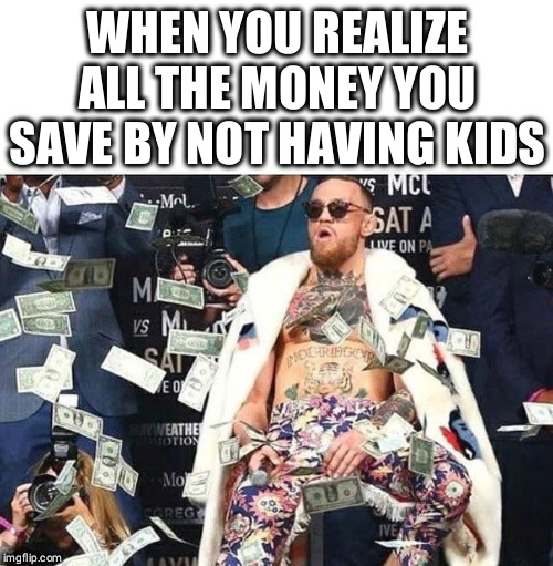 money | WHEN YOU REALIZE ALL THE MONEY YOU SAVE BY NOT HAVING KIDS | image tagged in childfree | made w/ Imgflip meme maker