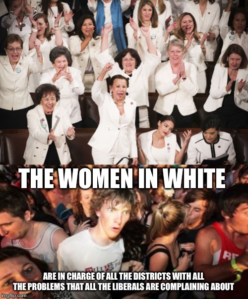 THE WOMEN IN WHITE; ARE IN CHARGE OF ALL THE DISTRICTS WITH ALL THE PROBLEMS THAT ALL THE LIBERALS ARE COMPLAINING ABOUT | image tagged in memes,sudden clarity clarence | made w/ Imgflip meme maker