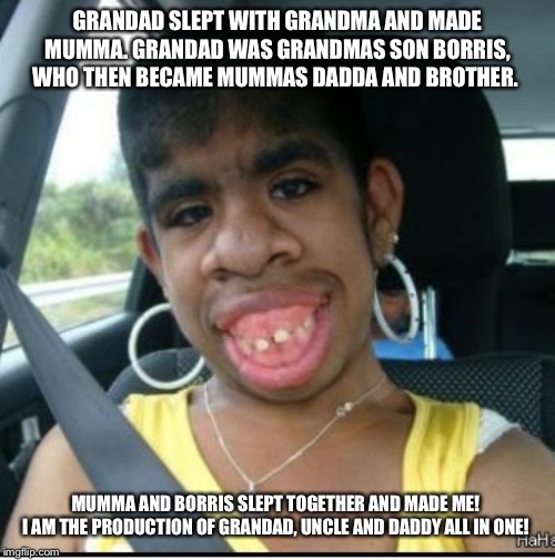 ugly girl | GRANDAD SLEPT WITH GRANDMA AND MADE MUMMA. GRANDAD WAS GRANDMAS SON BORRIS, WHO THEN BECAME MUMMAS DADDA AND BROTHER. MUMMA AND BORRIS SLEPT TOGETHER AND MADE ME! 
I AM THE PRODUCTION OF GRANDAD, UNCLE AND DADDY ALL IN ONE! | image tagged in ugly girl | made w/ Imgflip meme maker