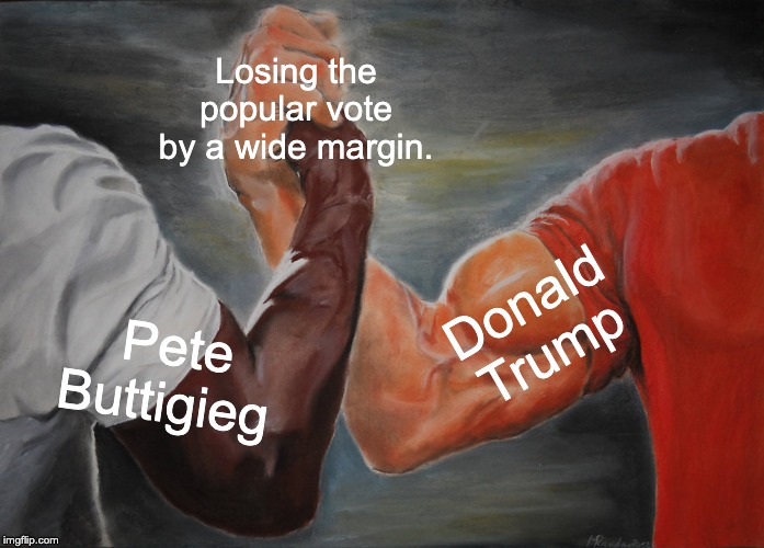 Our electoral system is broken. | Losing the popular vote by a wide margin. Donald Trump; Pete Buttigieg | image tagged in memes,epic handshake,donald trump,pete buttigieg,iowa | made w/ Imgflip meme maker