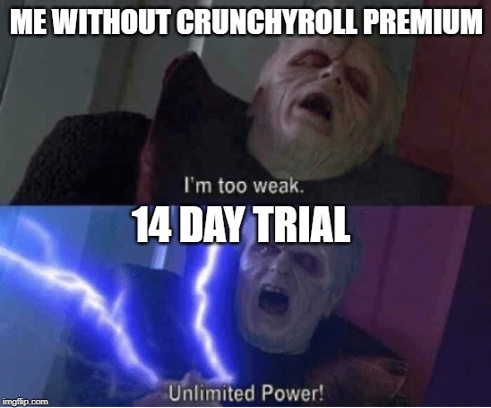 Too weak Unlimited Power | ME WITHOUT CRUNCHYROLL PREMIUM; 14 DAY TRIAL | image tagged in too weak unlimited power | made w/ Imgflip meme maker