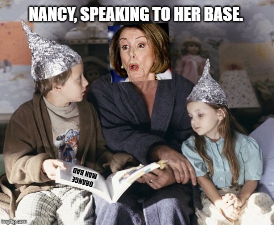 Tinfoil Children | NANCY, SPEAKING TO HER BASE. ORANGE MAN BAD | image tagged in tinfoil children | made w/ Imgflip meme maker