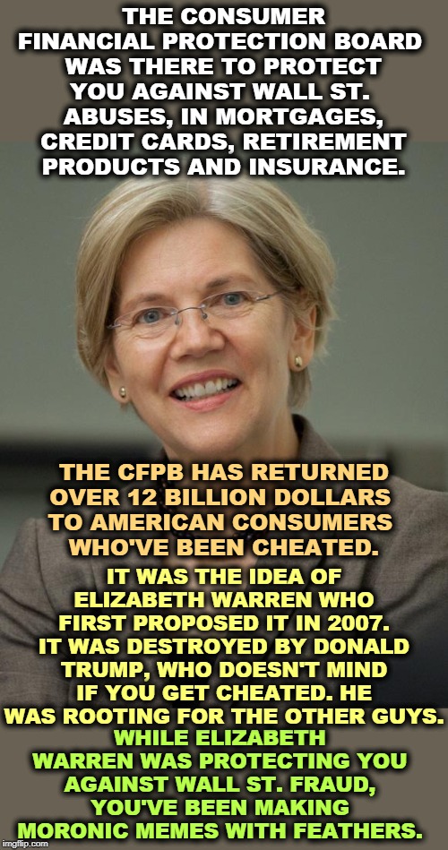 Have you ever been cheated by Wall Street? | THE CONSUMER FINANCIAL PROTECTION BOARD 
WAS THERE TO PROTECT YOU AGAINST WALL ST. 
ABUSES, IN MORTGAGES, CREDIT CARDS, RETIREMENT PRODUCTS AND INSURANCE. THE CFPB HAS RETURNED OVER 12 BILLION DOLLARS 
TO AMERICAN CONSUMERS 
WHO'VE BEEN CHEATED. IT WAS THE IDEA OF ELIZABETH WARREN WHO FIRST PROPOSED IT IN 2007. IT WAS DESTROYED BY DONALD TRUMP, WHO DOESN'T MIND IF YOU GET CHEATED. HE WAS ROOTING FOR THE OTHER GUYS. WHILE ELIZABETH WARREN WAS PROTECTING YOU AGAINST WALL ST. FRAUD, YOU'VE BEEN MAKING MORONIC MEMES WITH FEATHERS. | image tagged in elizabeth warren,protection,wall street,phony,cheat,fraud | made w/ Imgflip meme maker