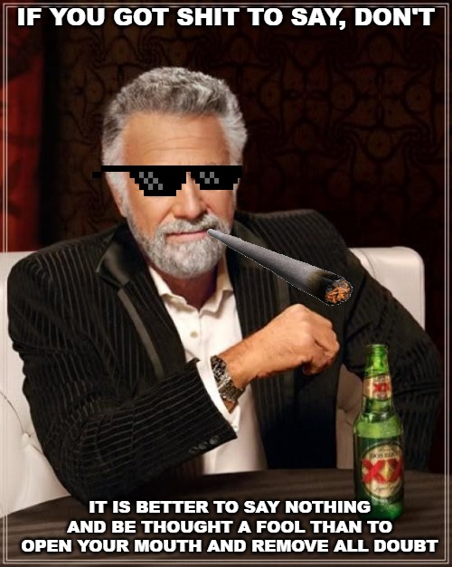 The Most Interesting Man In The World Meme | IF YOU GOT SHIT TO SAY, DON'T; IT IS BETTER TO SAY NOTHING AND BE THOUGHT A FOOL THAN TO OPEN YOUR MOUTH AND REMOVE ALL DOUBT | image tagged in memes,the most interesting man in the world | made w/ Imgflip meme maker