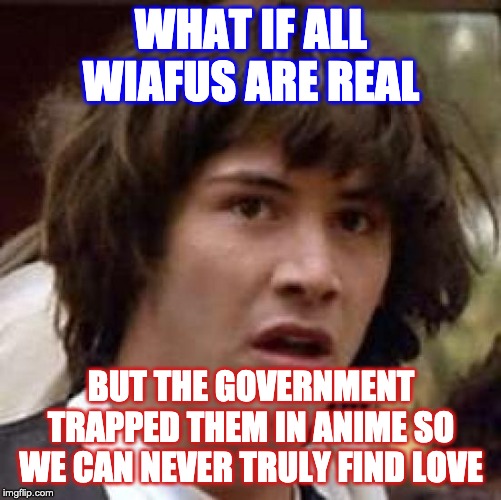 Conspiracy Keanu | WHAT IF ALL WIAFUS ARE REAL; BUT THE GOVERNMENT TRAPPED THEM IN ANIME SO WE CAN NEVER TRULY FIND LOVE | image tagged in memes,conspiracy keanu | made w/ Imgflip meme maker