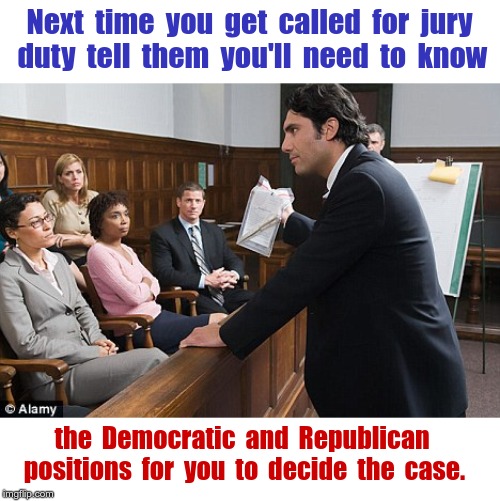 Now THAT'S How You Do a TRIAL! | Next  time  you  get  called  for  jury
 duty  tell  them  you'll  need  to  know; the  Democratic  and  Republican  positions  for  you  to  decide  the  case. | image tagged in jury,impeachment,donald trump,rick75230,politics | made w/ Imgflip meme maker