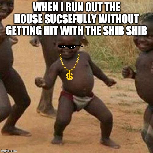 the shib shib  out runner | WHEN I RUN OUT THE HOUSE SUCSEFULLY WITHOUT GETTING HIT WITH THE SHIB SHIB | image tagged in memes,third world success kid | made w/ Imgflip meme maker