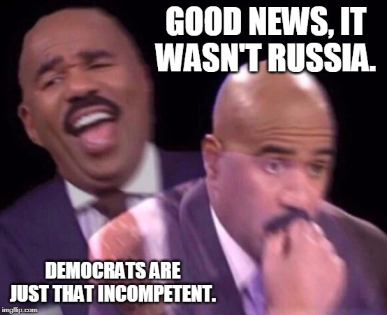 Steve Harvey Laughing Serious | GOOD NEWS, IT WASN'T RUSSIA. DEMOCRATS ARE JUST THAT INCOMPETENT. | image tagged in steve harvey laughing serious | made w/ Imgflip meme maker