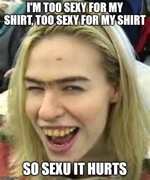 ugly girl | I'M TOO SEXY FOR MY SHIRT, TOO SEXY FOR MY SHIRT SO SEXU IT HURTS | image tagged in ugly girl | made w/ Imgflip meme maker