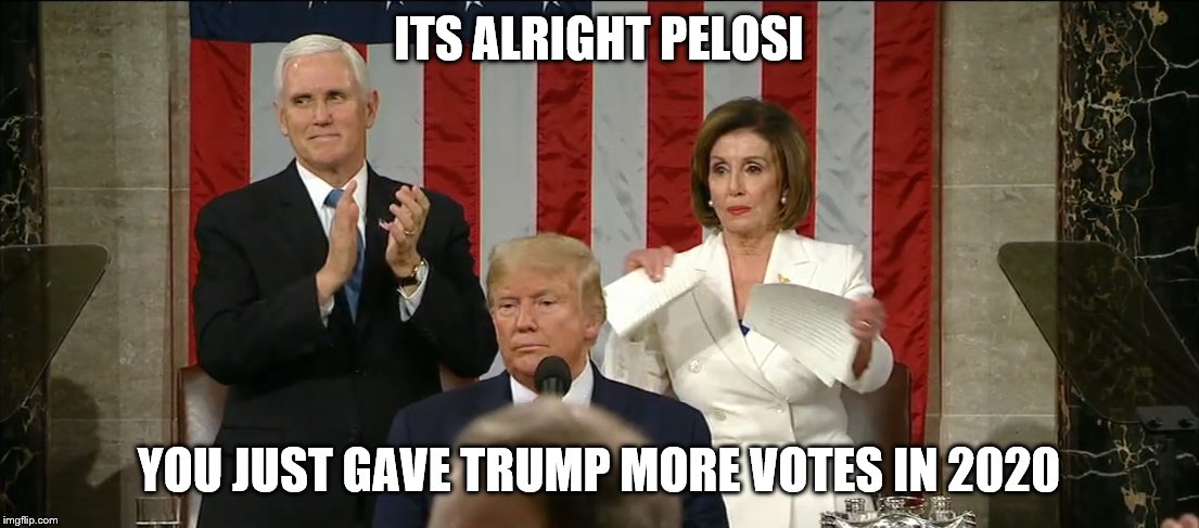 Pelosi Rips Speech | ITS ALRIGHT PELOSI; YOU JUST GAVE TRUMP MORE VOTES IN 2020 | image tagged in pelosi rips speech | made w/ Imgflip meme maker