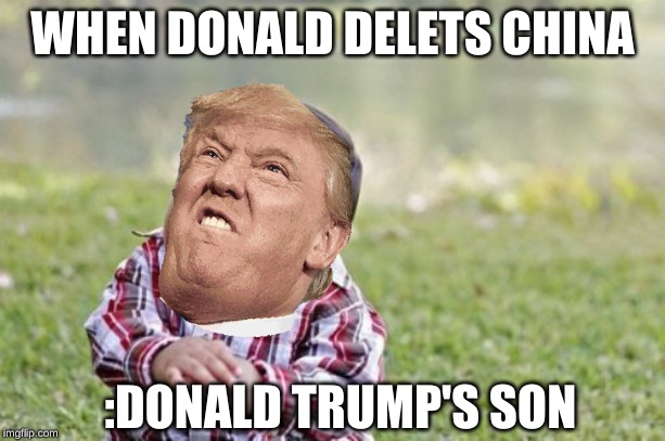 Evil Toddler Meme | WHEN DONALD DELETS CHINA; :DONALD TRUMP'S SON | image tagged in memes,evil toddler | made w/ Imgflip meme maker