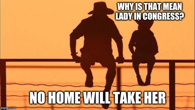 Cowboy wisdom on Nancy Pelosi | WHY IS THAT MEAN LADY IN CONGRESS? NO HOME WILL TAKE HER | image tagged in cowboy father and son,cowboy wisdom,nancy pelosi,put her in a home,congress sucks,vote out incumbents | made w/ Imgflip meme maker