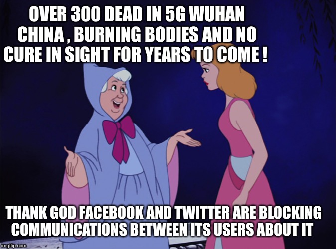 Cinderella Fairy Godmother | OVER 300 DEAD IN 5G WUHAN CHINA , BURNING BODIES AND NO CURE IN SIGHT FOR YEARS TO COME ! THANK GOD FACEBOOK AND TWITTER ARE BLOCKING COMMUNICATIONS BETWEEN ITS USERS ABOUT IT | image tagged in cinderella fairy godmother | made w/ Imgflip meme maker