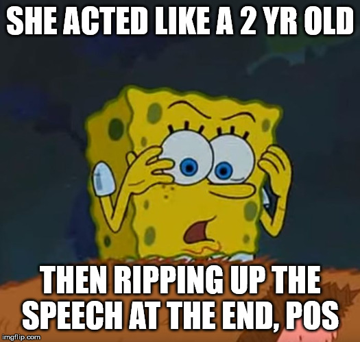 Digusted But Into It | SHE ACTED LIKE A 2 YR OLD THEN RIPPING UP THE SPEECH AT THE END, POS | image tagged in digusted but into it | made w/ Imgflip meme maker