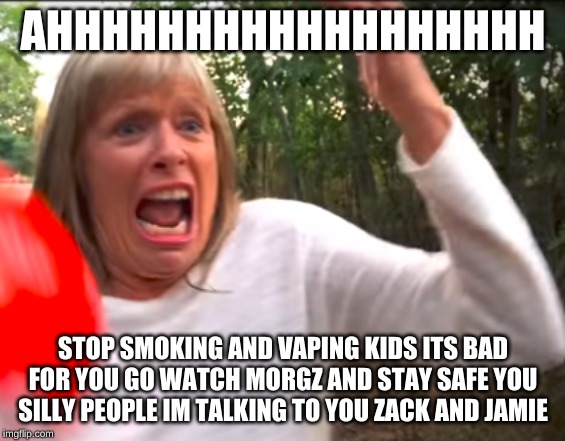 MORGZMOM | AHHHHHHHHHHHHHHHHHH; STOP SMOKING AND VAPING KIDS ITS BAD FOR YOU GO WATCH MORGZ AND STAY SAFE YOU SILLY PEOPLE IM TALKING TO YOU ZACK AND JAMIE | image tagged in morgzmom | made w/ Imgflip meme maker