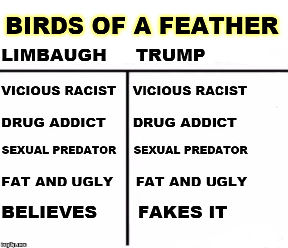 BIRDS OF A FEATHER; LIMBAUGH     TRUMP; VICIOUS RACIST    VICIOUS RACIST; DRUG ADDICT      DRUG ADDICT; SEXUAL PREDATOR     SEXUAL PREDATOR; FAT AND UGLY     FAT AND UGLY; BELIEVES       FAKES IT | image tagged in trump,rush limbaugh,horrible,vicious,drugs,big mouth | made w/ Imgflip meme maker