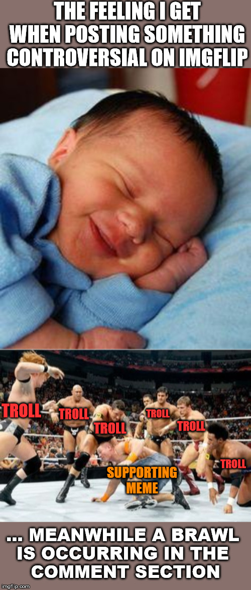 When you don't care | THE FEELING I GET WHEN POSTING SOMETHING CONTROVERSIAL ON IMGFLIP; TROLL; TROLL; TROLL; TROLL; TROLL; TROLL; SUPPORTING MEME; ... MEANWHILE A BRAWL 
IS OCCURRING IN THE 
COMMENT SECTION | image tagged in sleeping baby laughing,wrestling | made w/ Imgflip meme maker