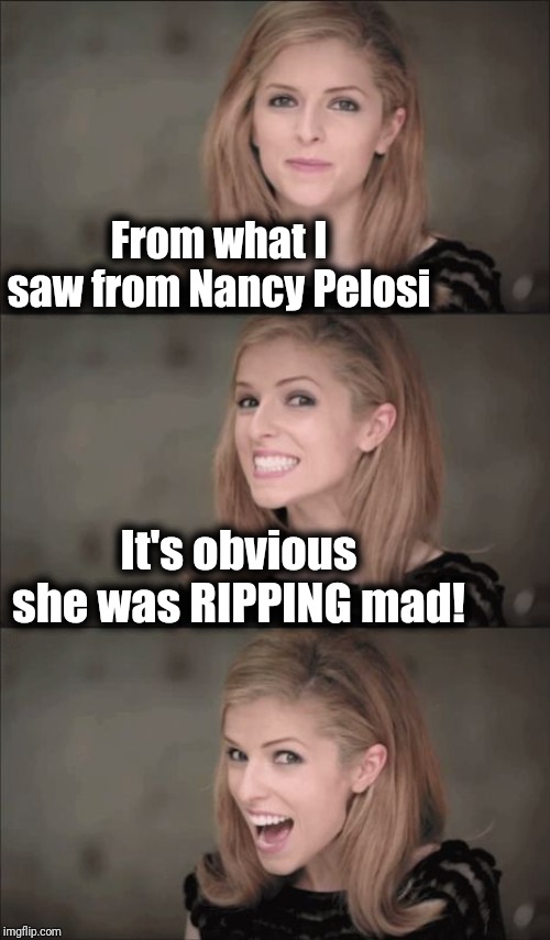 Bad Pun Anna Kendrick | From what I saw from Nancy Pelosi; It's obvious she was RIPPING mad! | image tagged in bad pun anna kendrick,nancy pelosi,sotu | made w/ Imgflip meme maker