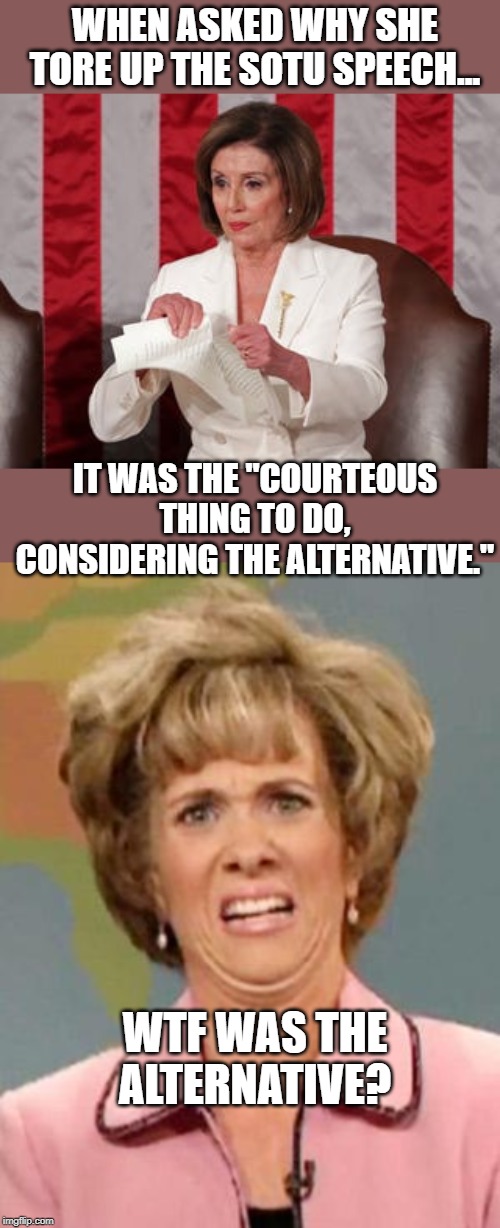 Big night where people acted small | WHEN ASKED WHY SHE TORE UP THE SOTU SPEECH... IT WAS THE "COURTEOUS THING TO DO, CONSIDERING THE ALTERNATIVE."; WTF WAS THE ALTERNATIVE? | image tagged in grossed out,politics,nancy pelosi,sotu,political meme | made w/ Imgflip meme maker