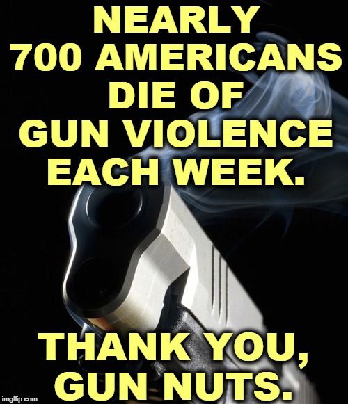Each individual death affects around 125 other people. If that doesn't matter to you, phone the undertaker. You're dead. | NEARLY 700 AMERICANS DIE OF GUN VIOLENCE EACH WEEK. THANK YOU, GUN NUTS. | image tagged in smoking gun,gun violence,death,family | made w/ Imgflip meme maker