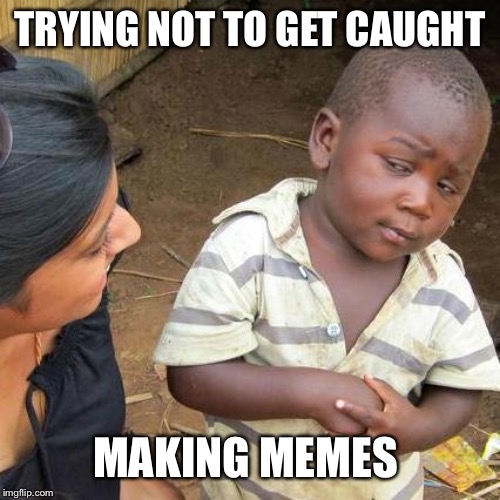 Third World Skeptical Kid Meme | TRYING NOT TO GET CAUGHT; MAKING MEMES | image tagged in memes,third world skeptical kid | made w/ Imgflip meme maker