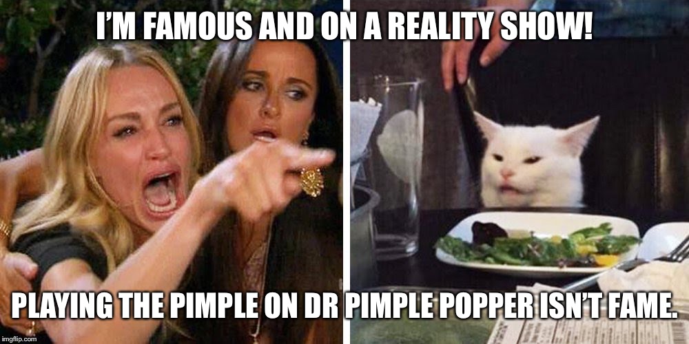 Smudge the cat | I’M FAMOUS AND ON A REALITY SHOW! PLAYING THE PIMPLE ON DR PIMPLE POPPER ISN’T FAME. | image tagged in smudge the cat | made w/ Imgflip meme maker