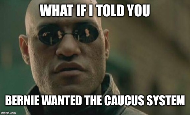 Matrix Morpheus Meme | WHAT IF I TOLD YOU BERNIE WANTED THE CAUCUS SYSTEM | image tagged in memes,matrix morpheus | made w/ Imgflip meme maker