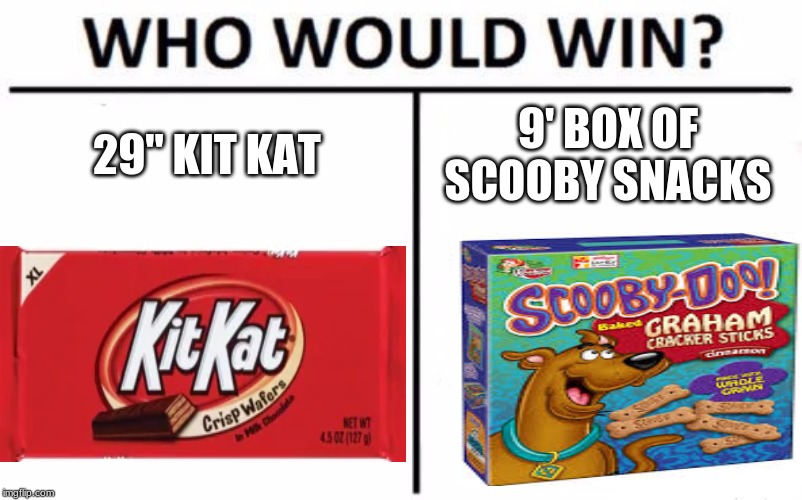 Who Would Win? Meme | 29" KIT KAT; 9' BOX OF SCOOBY SNACKS | image tagged in memes,who would win | made w/ Imgflip meme maker