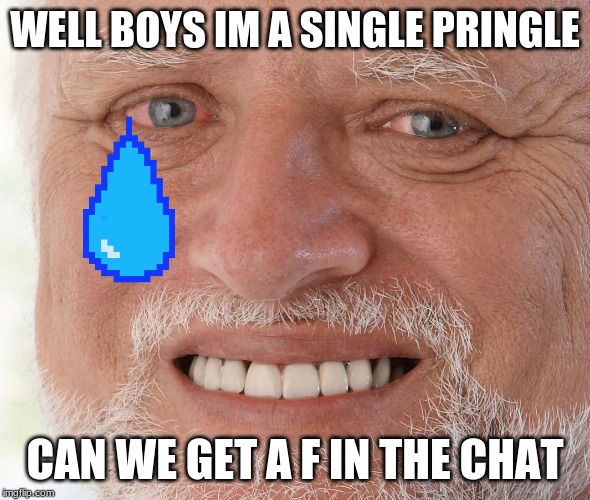 This is not a lie | WELL BOYS IM A SINGLE PRINGLE; CAN WE GET A F IN THE CHAT | image tagged in hide the pain harold,sad | made w/ Imgflip meme maker