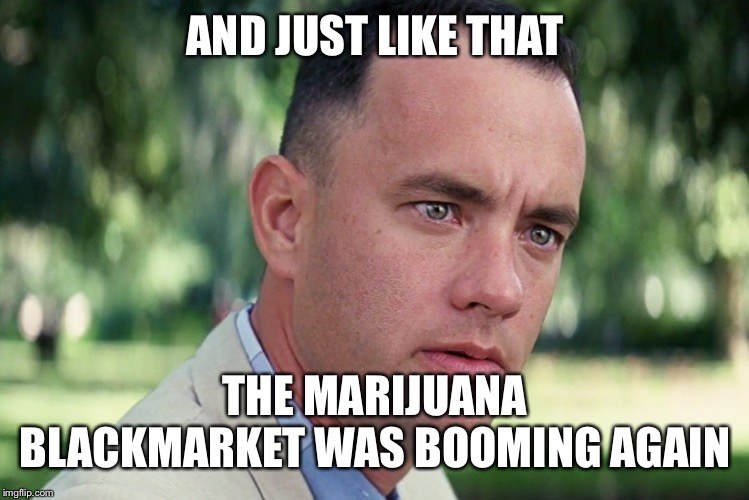 And Just Like That Meme | AND JUST LIKE THAT THE MARIJUANA BLACKMARKET WAS BOOMING AGAIN | image tagged in memes,and just like that | made w/ Imgflip meme maker