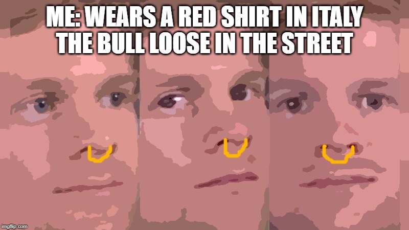 Blinking guy | ME: WEARS A RED SHIRT IN ITALY
THE BULL LOOSE IN THE STREET | image tagged in blinking guy | made w/ Imgflip meme maker