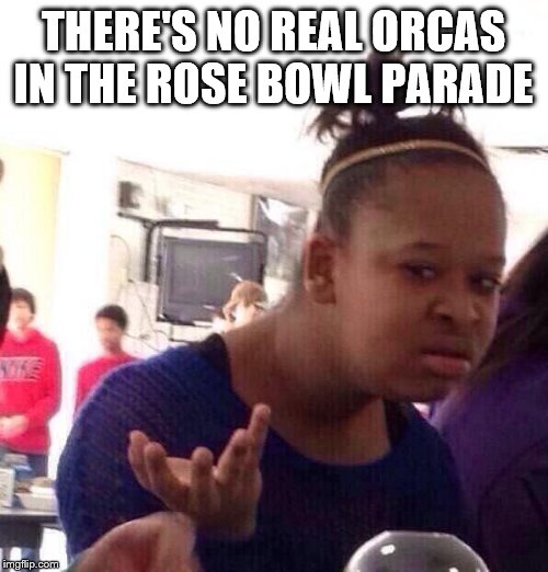 Black Girl Wat Meme | THERE'S NO REAL ORCAS IN THE ROSE BOWL PARADE | image tagged in memes,black girl wat | made w/ Imgflip meme maker