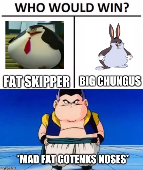 BIG CHUNGUS; FAT SKIPPER; *MAD FAT GOTENKS NOSES* | image tagged in dragon ball z,big chungus | made w/ Imgflip meme maker