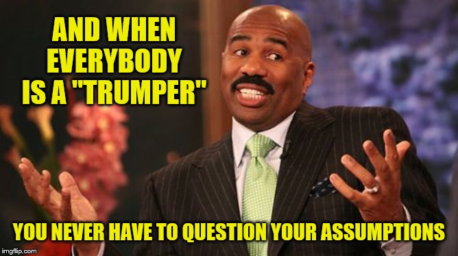 Steve Harvey Meme | AND WHEN EVERYBODY IS A "TRUMPER" YOU NEVER HAVE TO QUESTION YOUR ASSUMPTIONS | image tagged in memes,steve harvey | made w/ Imgflip meme maker