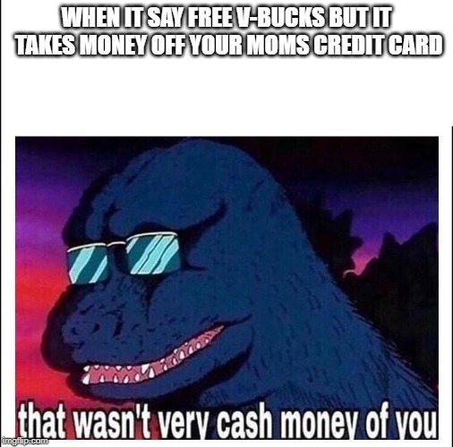That wasn’t very cash money | WHEN IT SAY FREE V-BUCKS BUT IT  TAKES MONEY OFF YOUR MOMS CREDIT CARD | image tagged in that wasnt very cash money | made w/ Imgflip meme maker