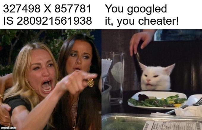 Woman Yelling At Cat | 327498 X 857781 IS 280921561938; You googled it, you cheater! | image tagged in memes,woman yelling at cat | made w/ Imgflip meme maker