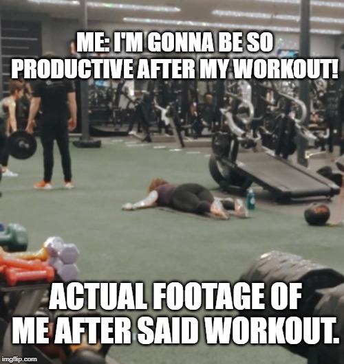 That post workout feeling... | ME: I'M GONNA BE SO PRODUCTIVE AFTER MY WORKOUT! ACTUAL FOOTAGE OF ME AFTER SAID WORKOUT. | image tagged in workout excuses,workout | made w/ Imgflip meme maker