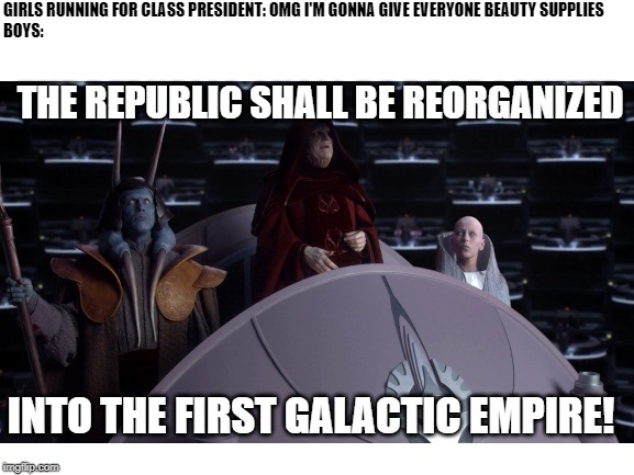 GIRLS RUNNING FOR CLASS PRESIDENT: OMG I'M GONNA GIVE EVERYONE BEAUTY SUPPLIES
BOYS:; THE REPUBLIC SHALL BE REORGANIZED; INTO THE FIRST GALACTIC EMPIRE! | image tagged in emperor palpatine | made w/ Imgflip meme maker