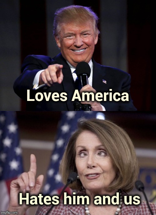 A Childish tantrum ? Impeach Pelosi ! | Loves America; Hates him and us | image tagged in trump laughing at haters,nancy pelosi,disrespect,party of hate,trump derangement syndrome,sick  tired | made w/ Imgflip meme maker