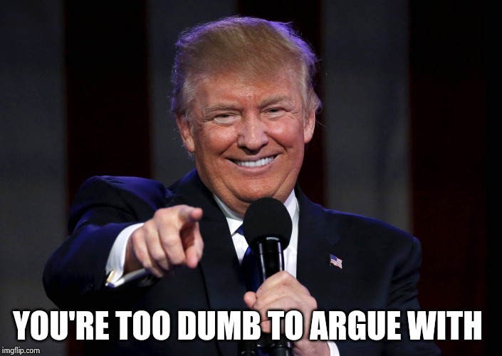 Trump laughing at haters | YOU'RE TOO DUMB TO ARGUE WITH | image tagged in trump laughing at haters | made w/ Imgflip meme maker