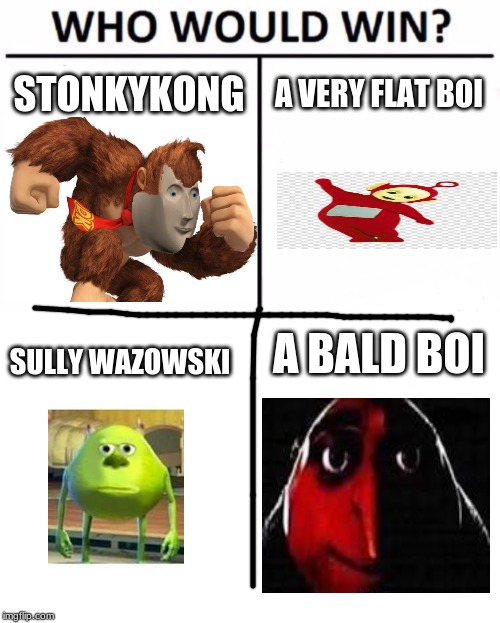 Who Would Win? | STONKYKONG; A VERY FLAT BOI; A BALD BOI; SULLY WAZOWSKI | image tagged in memes,who would win | made w/ Imgflip meme maker