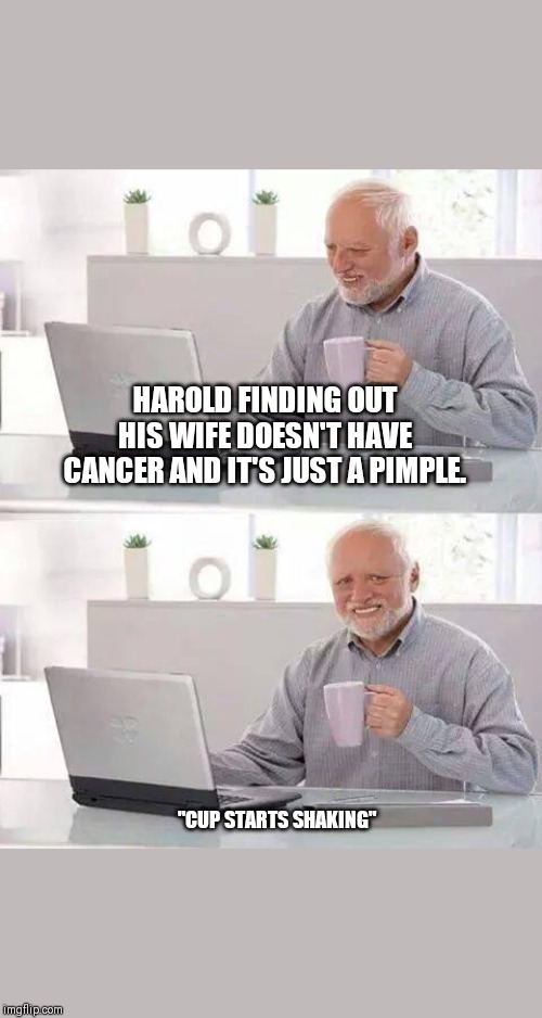 Hide the Pain Harold Meme | HAROLD FINDING OUT HIS WIFE DOESN'T HAVE CANCER AND IT'S JUST A PIMPLE. "CUP STARTS SHAKING" | image tagged in memes,hide the pain harold | made w/ Imgflip meme maker