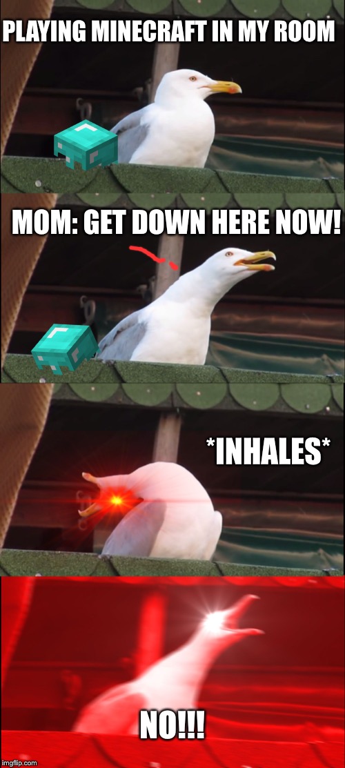Inhaling Seagull Meme | PLAYING MINECRAFT IN MY ROOM; MOM: GET DOWN HERE NOW! *INHALES*; NO!!! | image tagged in memes,inhaling seagull | made w/ Imgflip meme maker