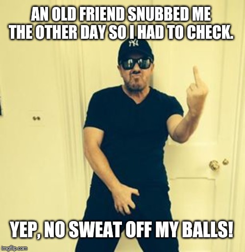 Crotch Grab | AN OLD FRIEND SNUBBED ME THE OTHER DAY SO I HAD TO CHECK. YEP, NO SWEAT OFF MY BALLS! | image tagged in crotch grab | made w/ Imgflip meme maker