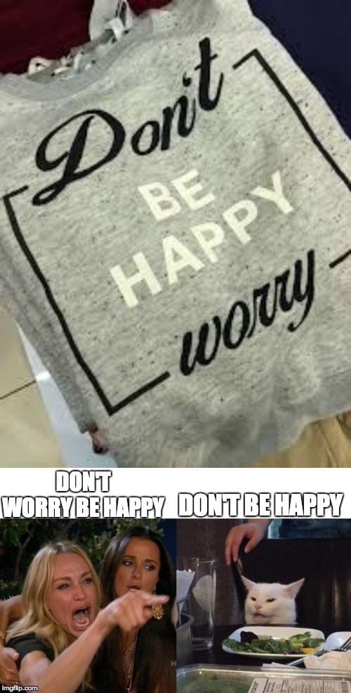 DON'T BE HAPPY; DON'T WORRY BE HAPPY | image tagged in memes,woman yelling at cat | made w/ Imgflip meme maker
