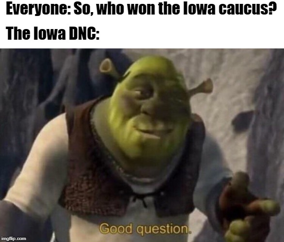Shrek good question | Everyone: So, who won the Iowa caucus? The Iowa DNC: | image tagged in shrek good question | made w/ Imgflip meme maker